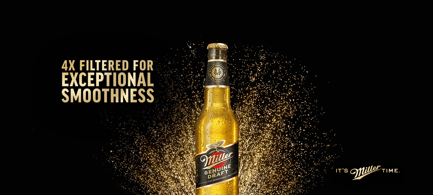 MGD beer with text "4x filtered for exceptional smoothness"